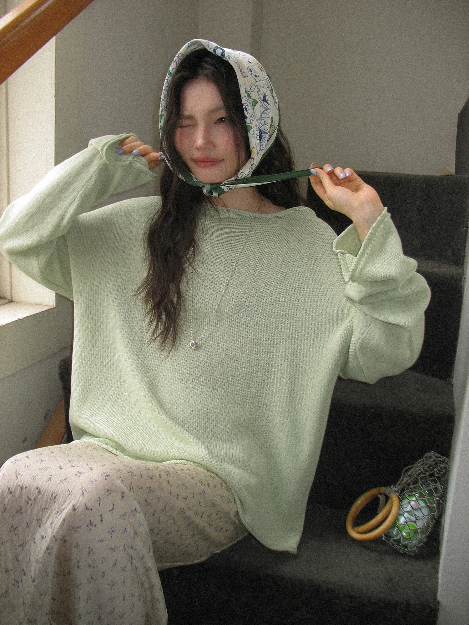 

Green Loose Knitted Shoulder Bared Women's Top Spring 2026 New Style Casual Loose Fit Long Sleeve mid Length Pure Color