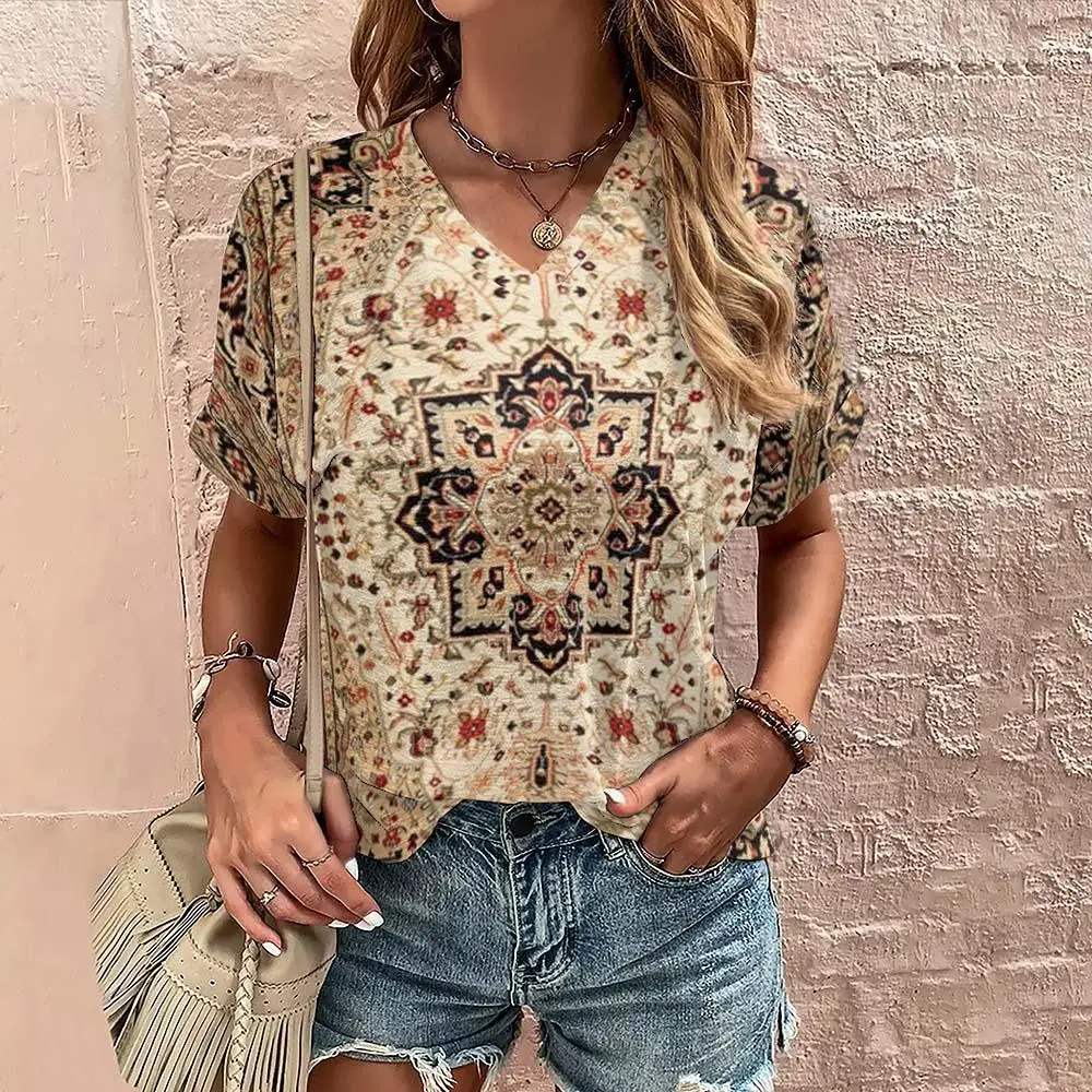 Vintage Bohemian Geometric Print T-shirts For Women\'s Plus Size Female Shirt Crop Top Summer Women Clothing Fashion Oversized