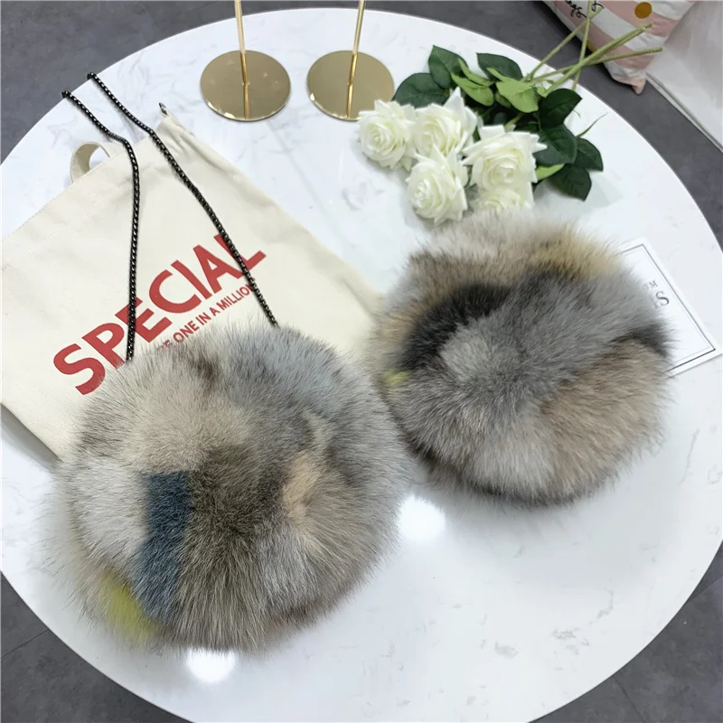 Real Fox Fur Small Round Bag Women Single Shoulder Bag Natural Colorful Fur Bag Handbag For Women Real Leather Evening Party Bag