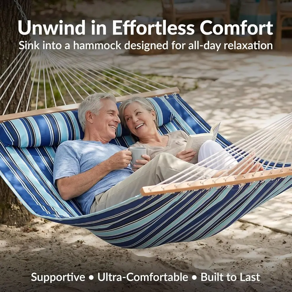 Quilted Double Hammock with Stand or Outside - 440 lb acity Unil Black Steel Stand - UV Resistant, Quick Dry abric - Pillow, Cha