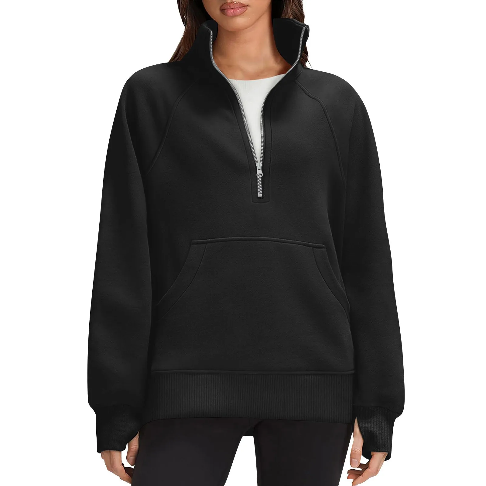 Stand Collar Casual Sweatshirts Half Zip Women Cropped Pullover Thumb Hole Overzised Hoodie Solid Color Plus Size Sports Outfit