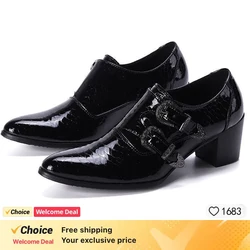 black high heels Snake pattern Double buckle wedding oxford for men Glossy formal shoes men genuine leather party shoes men