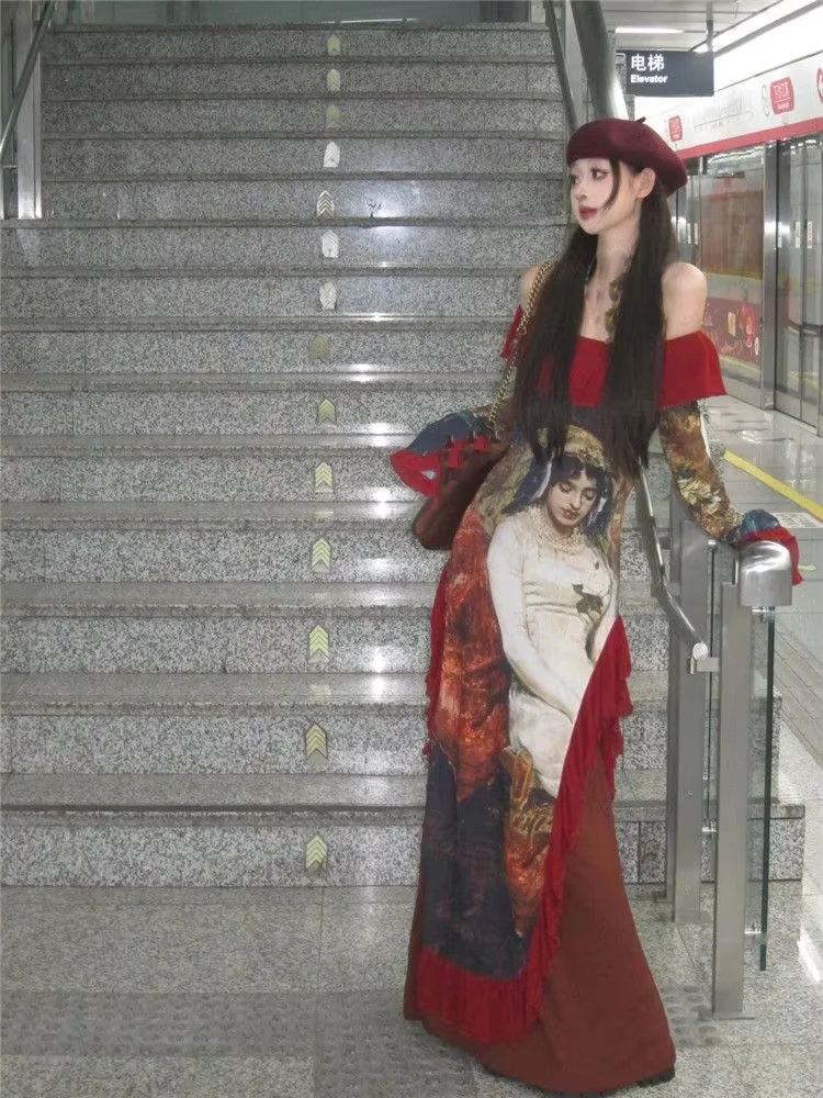 فستان أنيق عتيق مطبوع باللون الأحمر للنساء فساتين صيفية كبيرة الحجم بقصة ضيقة جديدة بدون أكتاف وأكمام طويلة من Vestidos Mujer