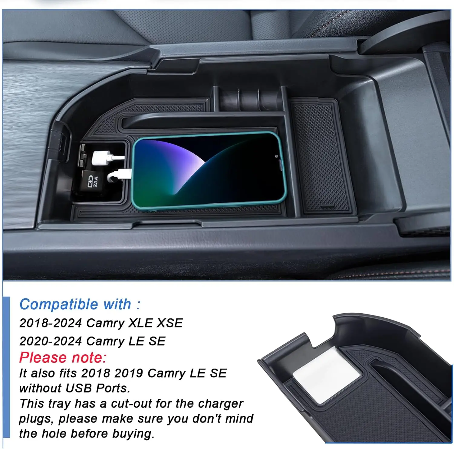 Center Console Tray Compatible with 2018-24 Toyota Camry XLE XSE and 2020-24 Camry LE SE with Dual USB Ports Armrest Storage