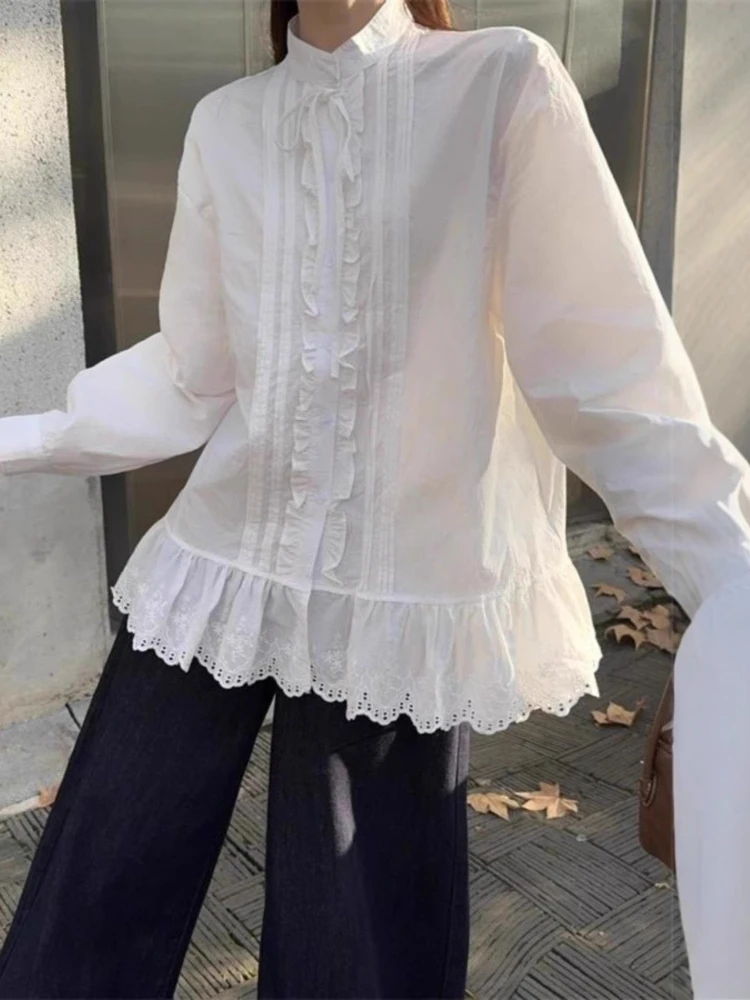 

2026 Y2k Aesthetic Stand Neck Women Blouse Harajuku Single Breasted ​ruffled Grunge Tops Vintage Loose Embroidery Flower Blusas