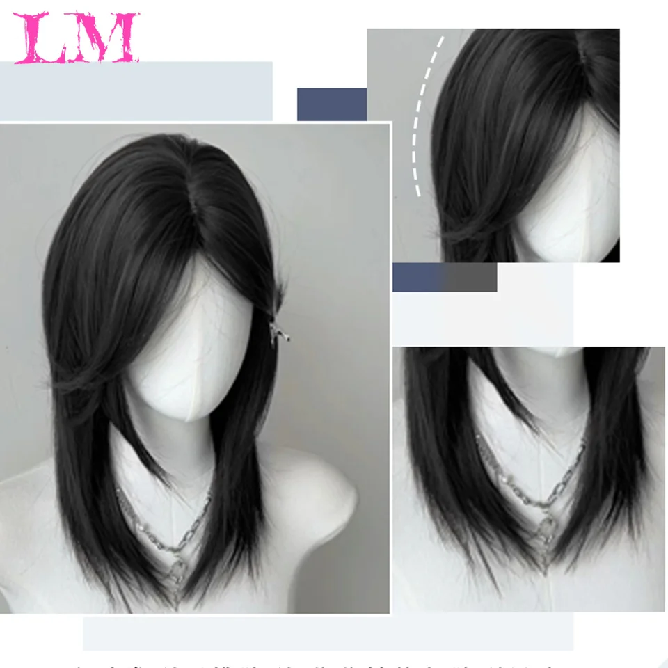 LM Fashion Men Synthetic Black Short Wig With Middle Parted Bang DIY Styling Wig for Men Daily Wear Toupee Hairpieces Straight H