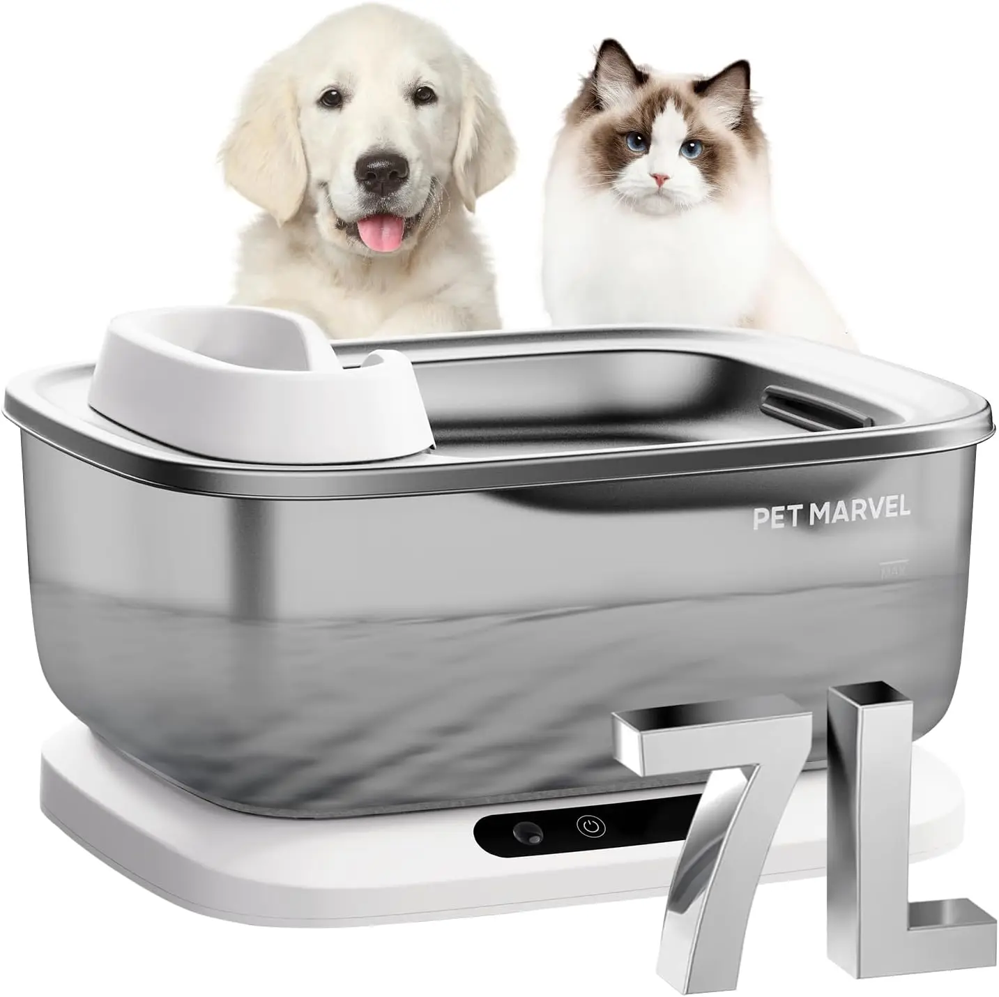

Indoor and Short Trips Use, Stainless Steel Wireless Quiet Pet Water Fountain, Battery or Plug - in, 7L Reserve