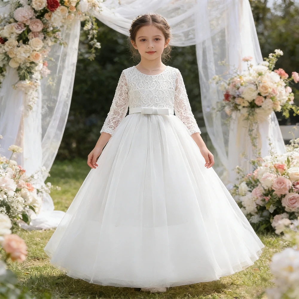 Flower Girl Princess Dress for Party Ball Gown Baptismal Wedding White Dresses Kids Bridesmaid Costume Girls Birthday Dress