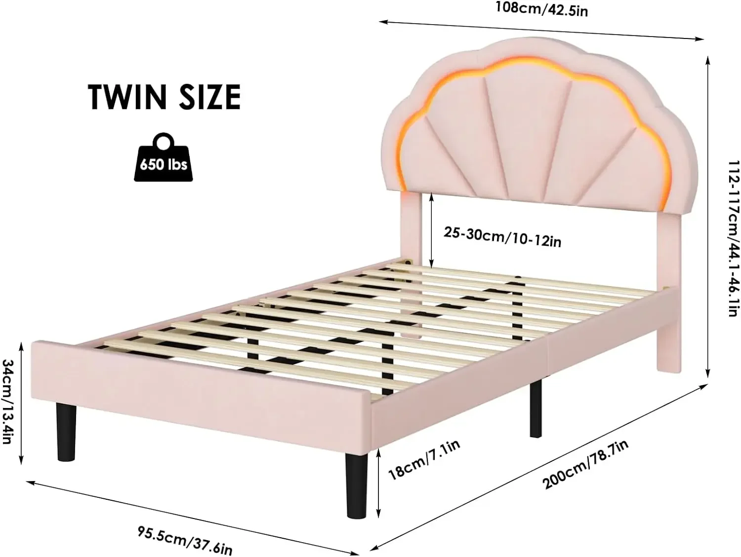 Hifit Twin Upholstered Smart Led Bed Frame With Adjustable Chic Petal Headboard, Princess Twin Size Platform Bed Frames For