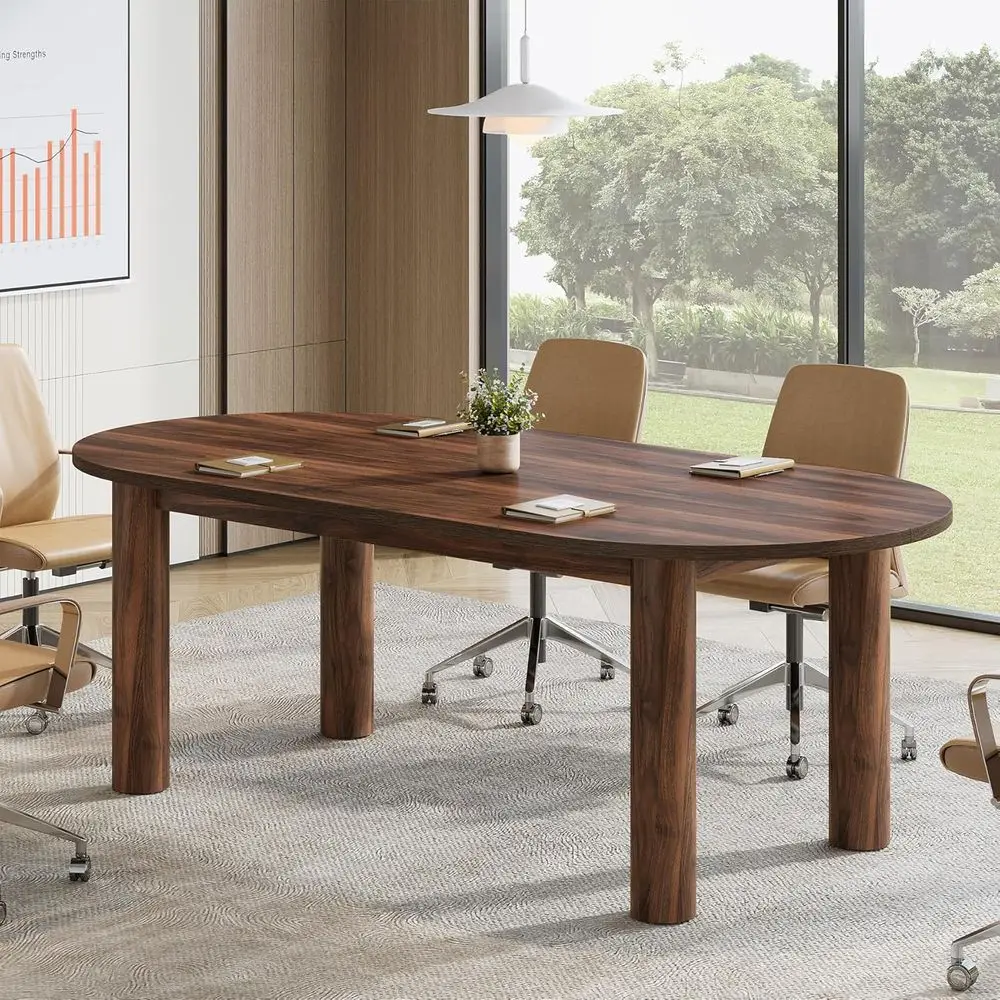 

Oval Conference Table, 63 Inches Curved Meeting Seminar Table for 4-6 People, Walnut Training Desk for Office Conference Room