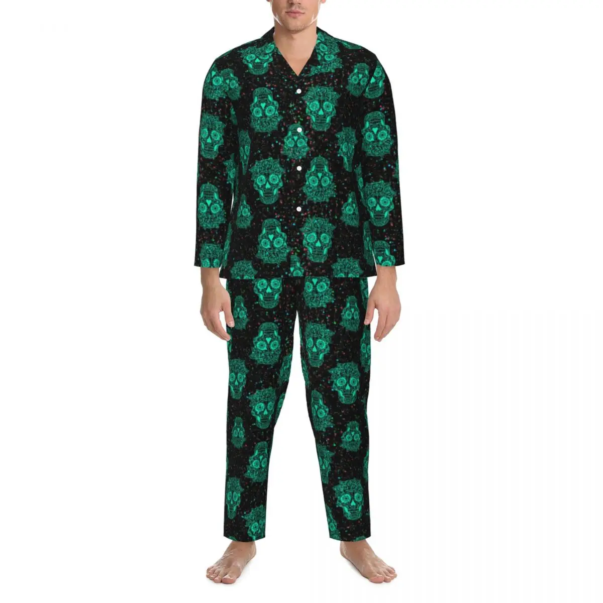 

Pajamas Male Funky Sugar Skull Home Sleepwear Dots Print Two Piece Vintage Pajama Sets Long Sleeve Soft Oversized Home Suit