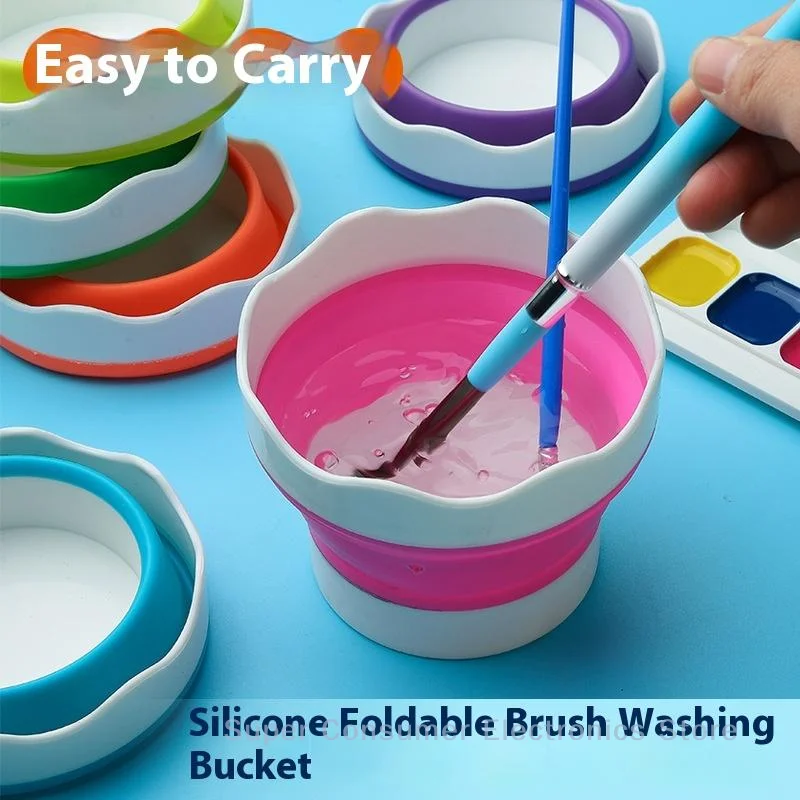 Portable Foldable Paintbrush Cleaner Silicone Mini Wash Bucket with Cup Holder Watercolour, Acrylic and Oil Paint Cleaner