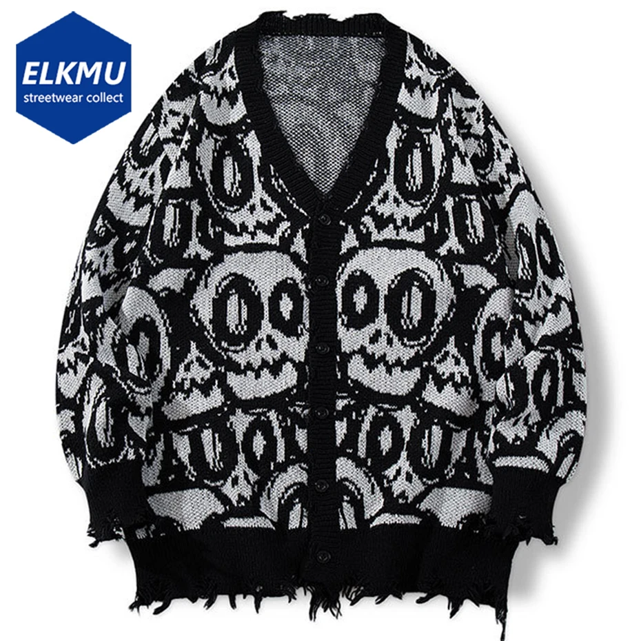 

Skulls Graphic Sweaters Knit Cardigan Men Vintage Oversized Sweaters Streetwear Harajuku Hip Hop Y2K Sweaters Knitwear