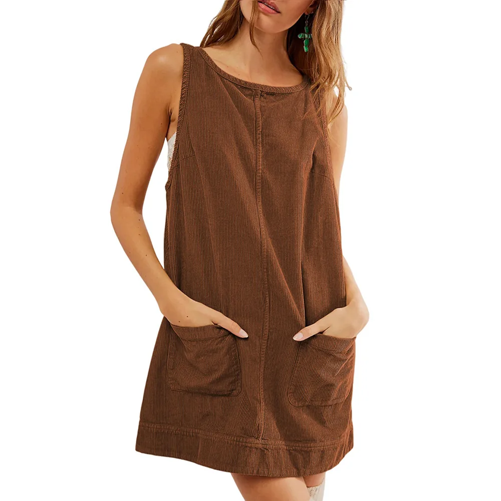

2025 Women's Autumn New Casual Corduroy Sleeveless Vest Backless Pocket Y2K Dress Vestidos De Fiesta
