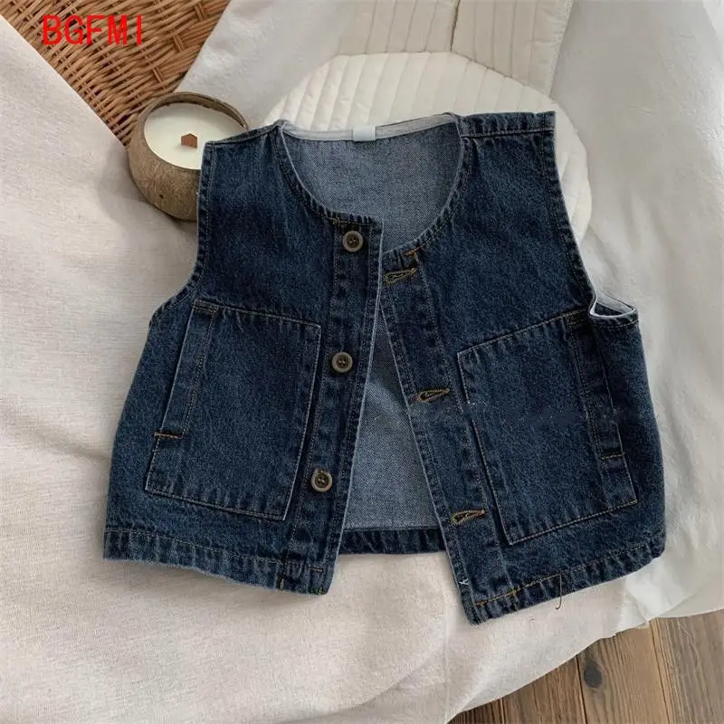 2024 Korean 2-7 Year Spring Children Boys Denim Vest Sleeveless Single Breasted V Neck Kid Boys Coat Cotton Thin Baby Boys Vest