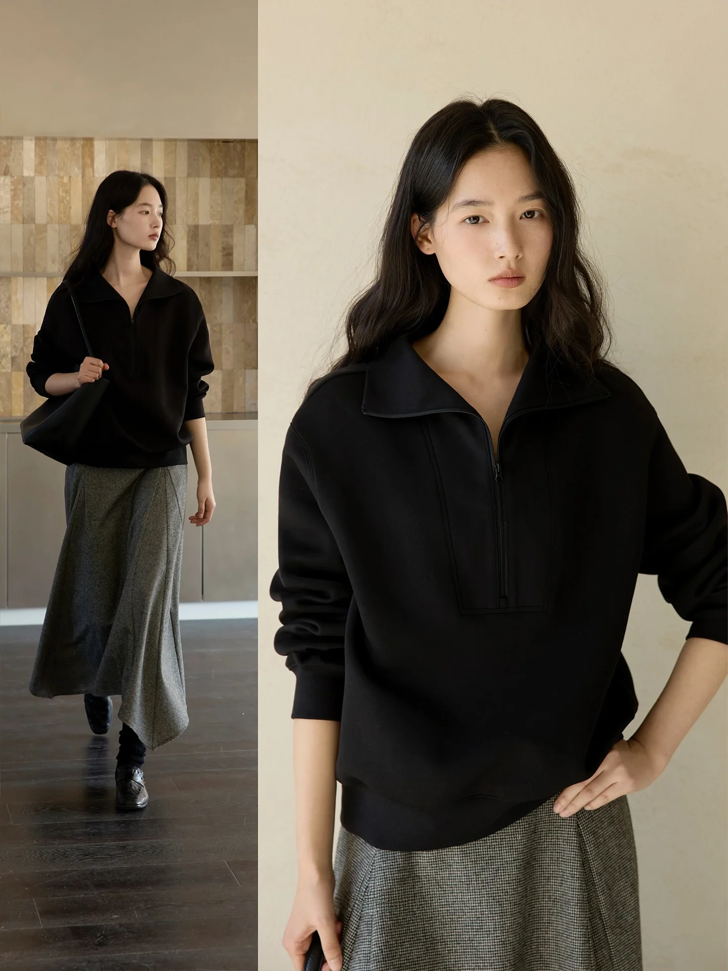

Ginnkee Commuter Collared Half-Zip Hoodless Sweatshirt Women's Spring Design Grey Overhead Stand Collar Top Casual Loose Fit