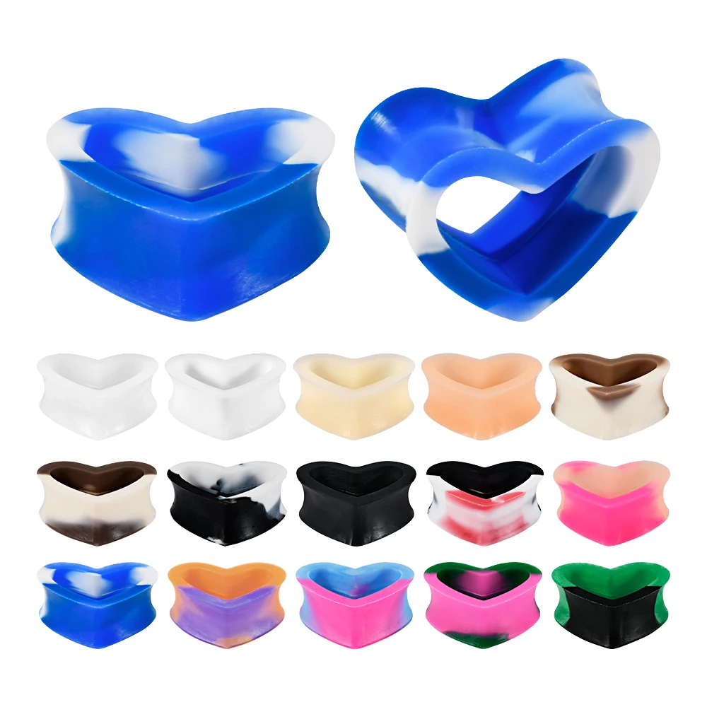14-16pcs Heart Silicone Flexible Ear Tunnels Gauges Plugs Colorful Stretchers Expander Double Flared Flesh Tunnels Ear Piercing