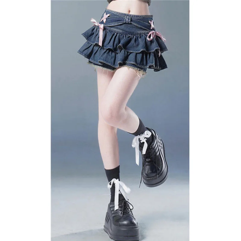 Women Short Skirt Bow Tie Strap Design High Waist Slimming Summer New Style Pleated Skirts Fashion Daily Fresh Sweet Skirt