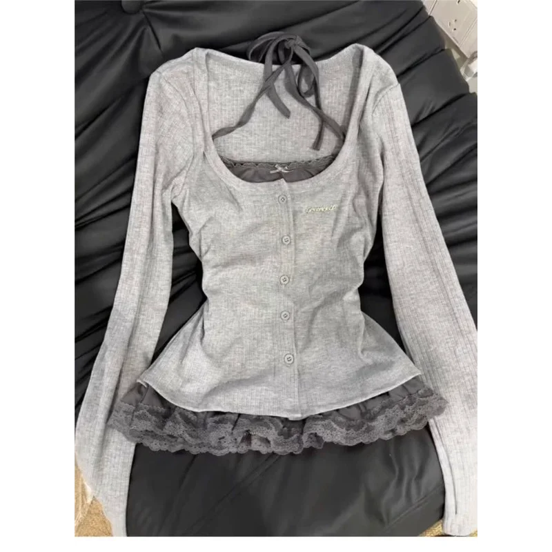 

Корейская серая искусственная двухсекционная кружевная футболка с лямкой на шее для женщин, осень 2025, новый дизайн, топ с длинными рукавами