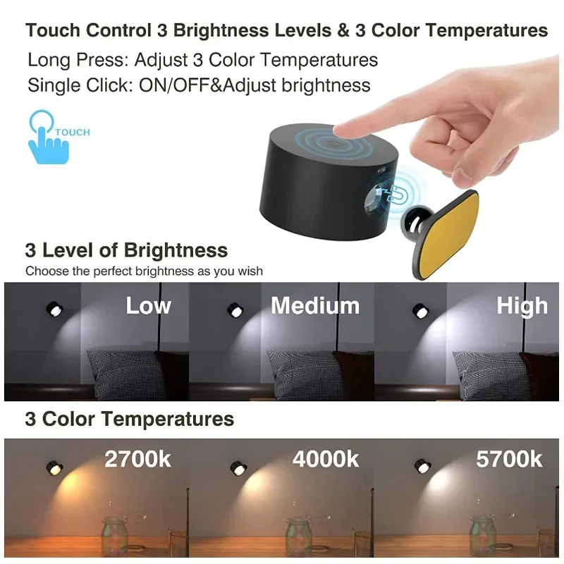 مصباح جداري LED قابل لإعادة الشحن USB ، مصباح يعمل باللمس وجهاز تحكم عن بعد ، أضواء شمعدان لاسلكية مثبتة على الحائط لغرفة النوم ، مصابيح قراءة ، شمعدان مثبت على الحائط