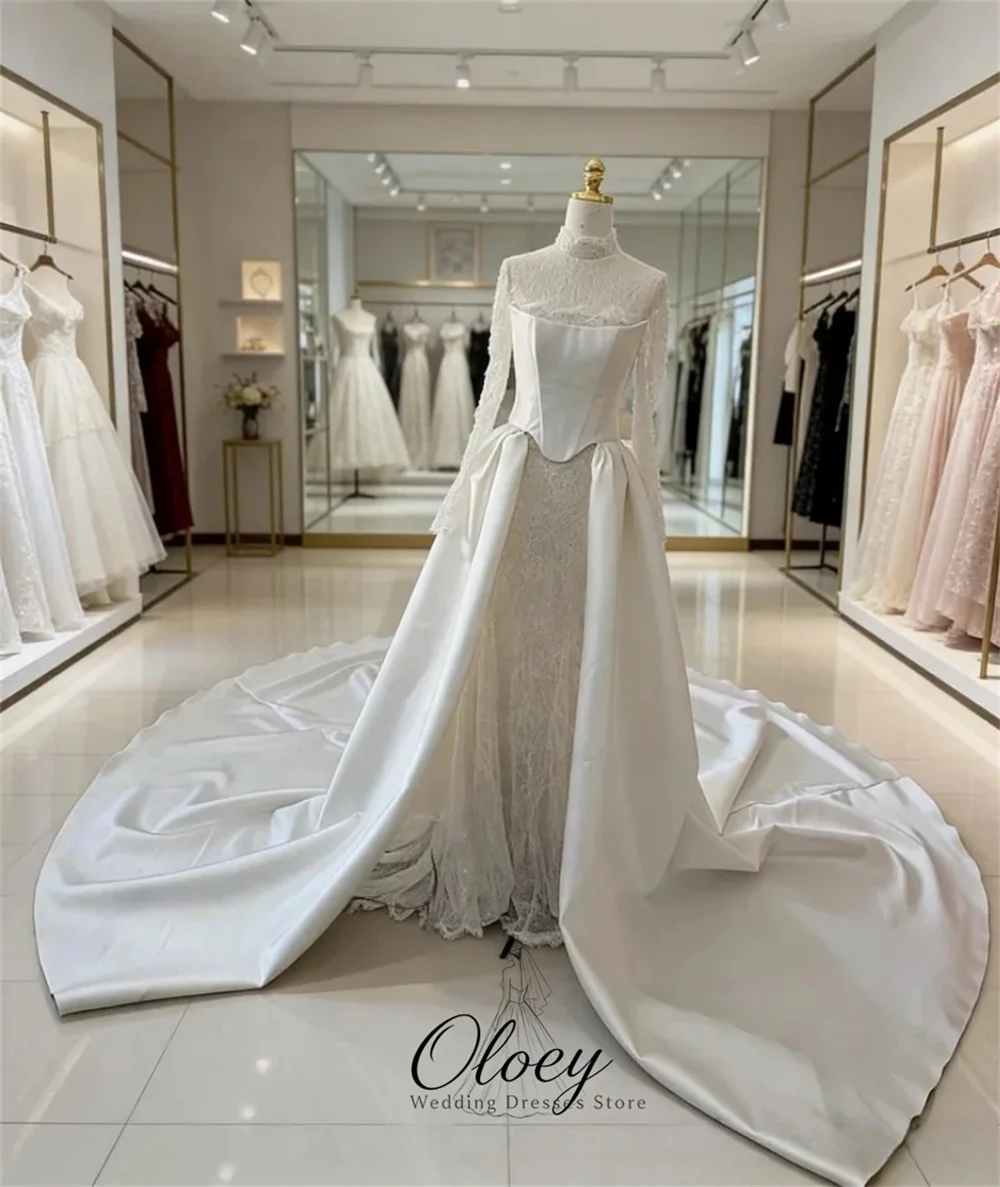 OLOEY Elegant Lace High Neck Long Sleeve Convertible Wedding Dresses For Woman Mermaid Detachable Train Bridal Gown Customized