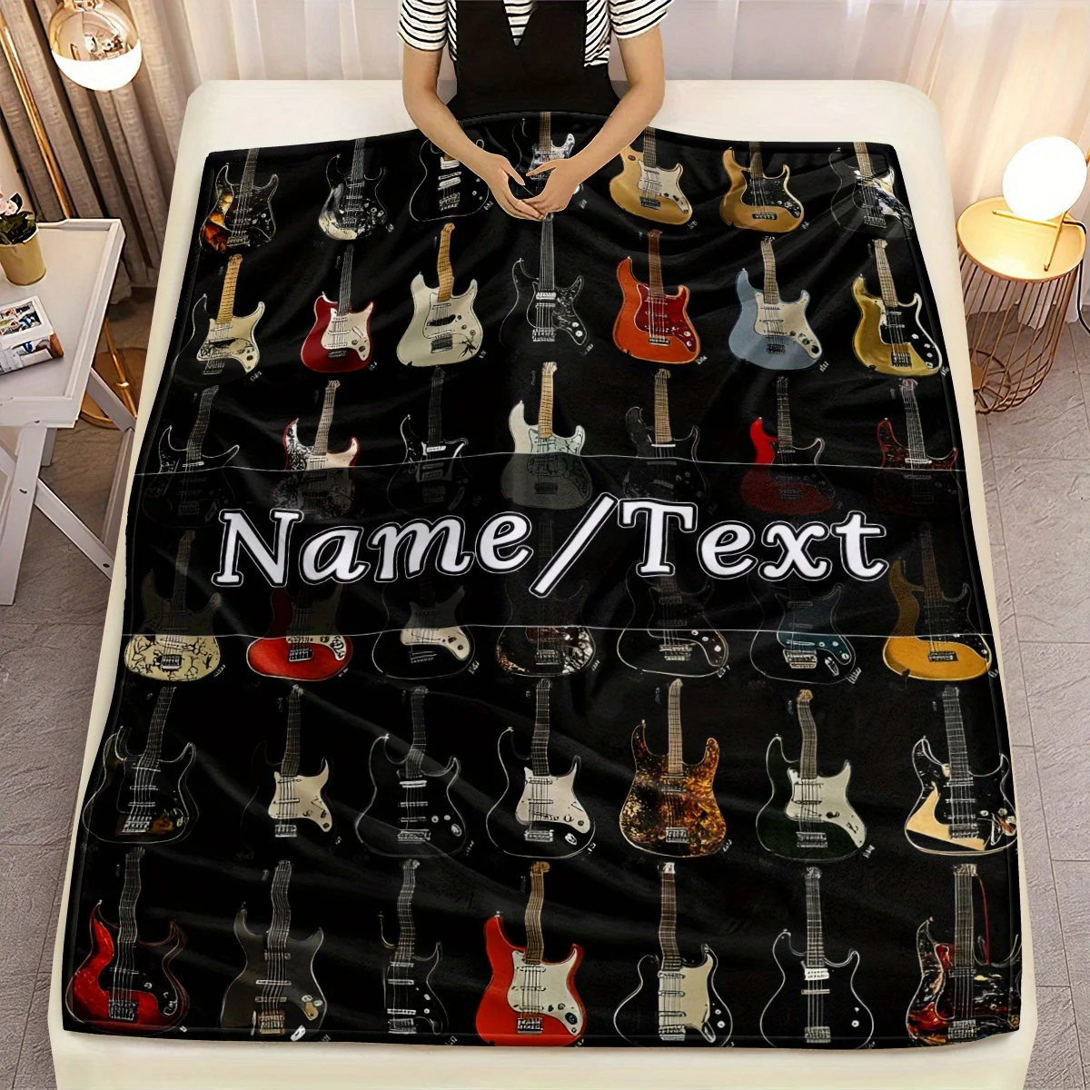 【Weiche Textur】 Anpassbare Flanelldecke mit Gitarrenmuster, weich und leicht, in parabolischer Form, mit lebendiger Gitarrenmotiv