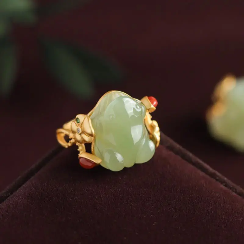 Designer original neue natürliche Hetian Jade Frosch vergoldet Lotusblatt Öffnung verstellbarer Ring Persönlichkeit Trend Mode Damen Schmuck