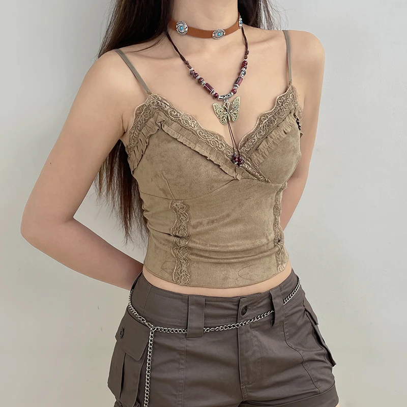 Darlingaga V Neck Strap Lace Trim Frill Suede Vintage Y2K Top Camisole Fashion Ruffles Party Summer Crop Tops Female Stitch Mini