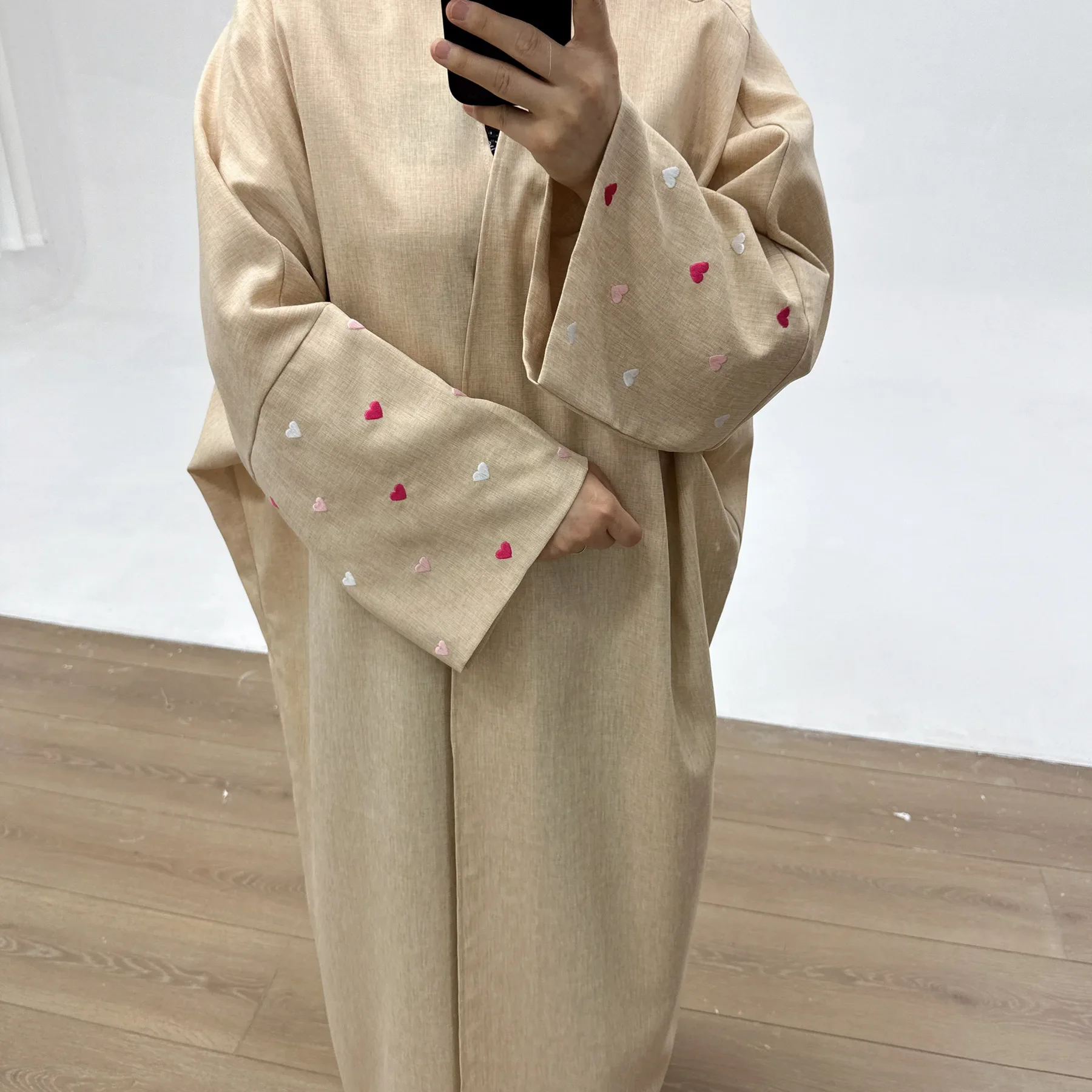 Embroidery Hearts Open Abaya Linen Abayas Dubai Modest Kimono Cardigan EID Ramadan Robe Women Muslim Kimono Islam Clothing