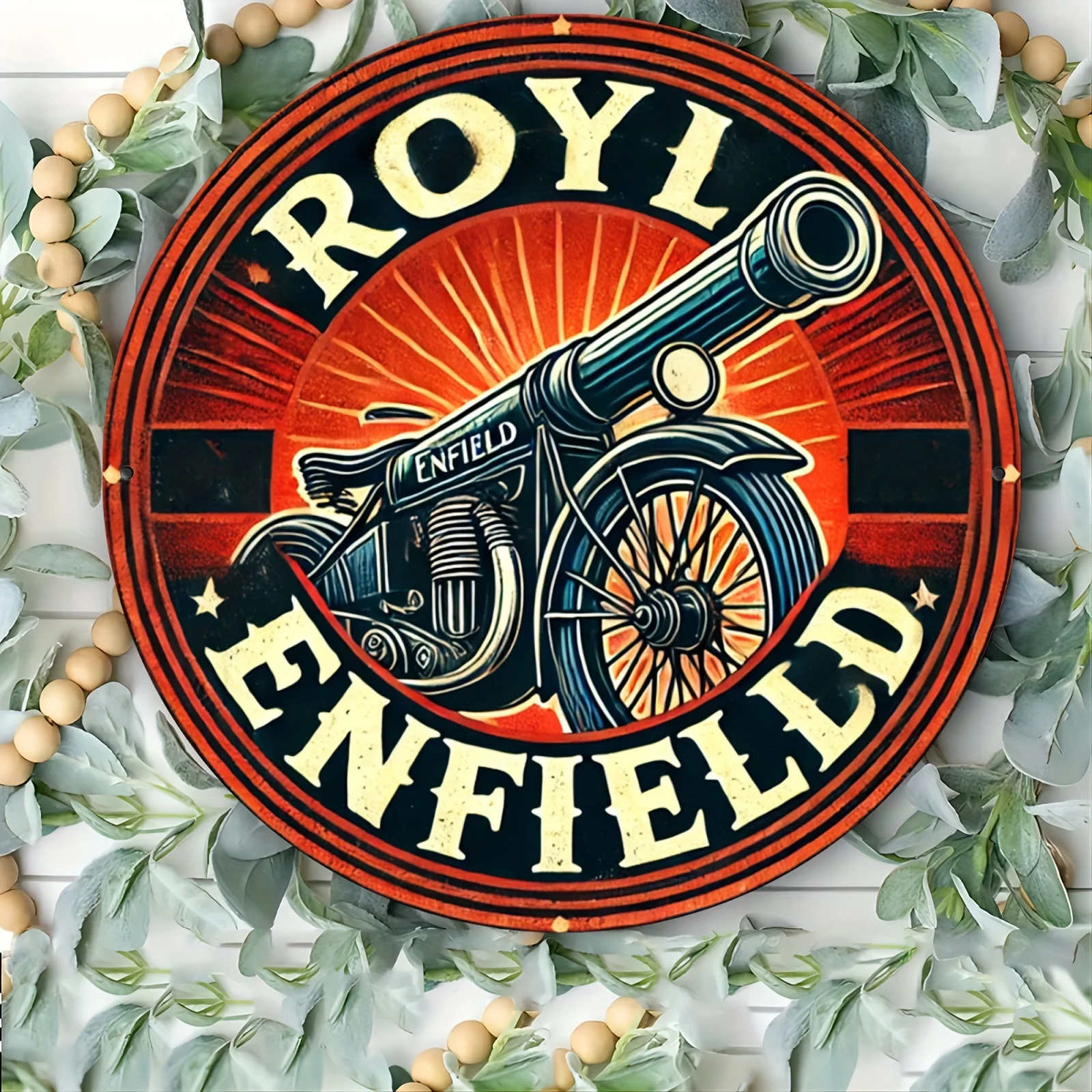 Royal Enfield Cannon Art mural rond en aluminium de 7,8 po – Panneau métallique gravé pour la décoration de la maison, de la ferme, du porche et de la chambre à coucher – Fes parfaites