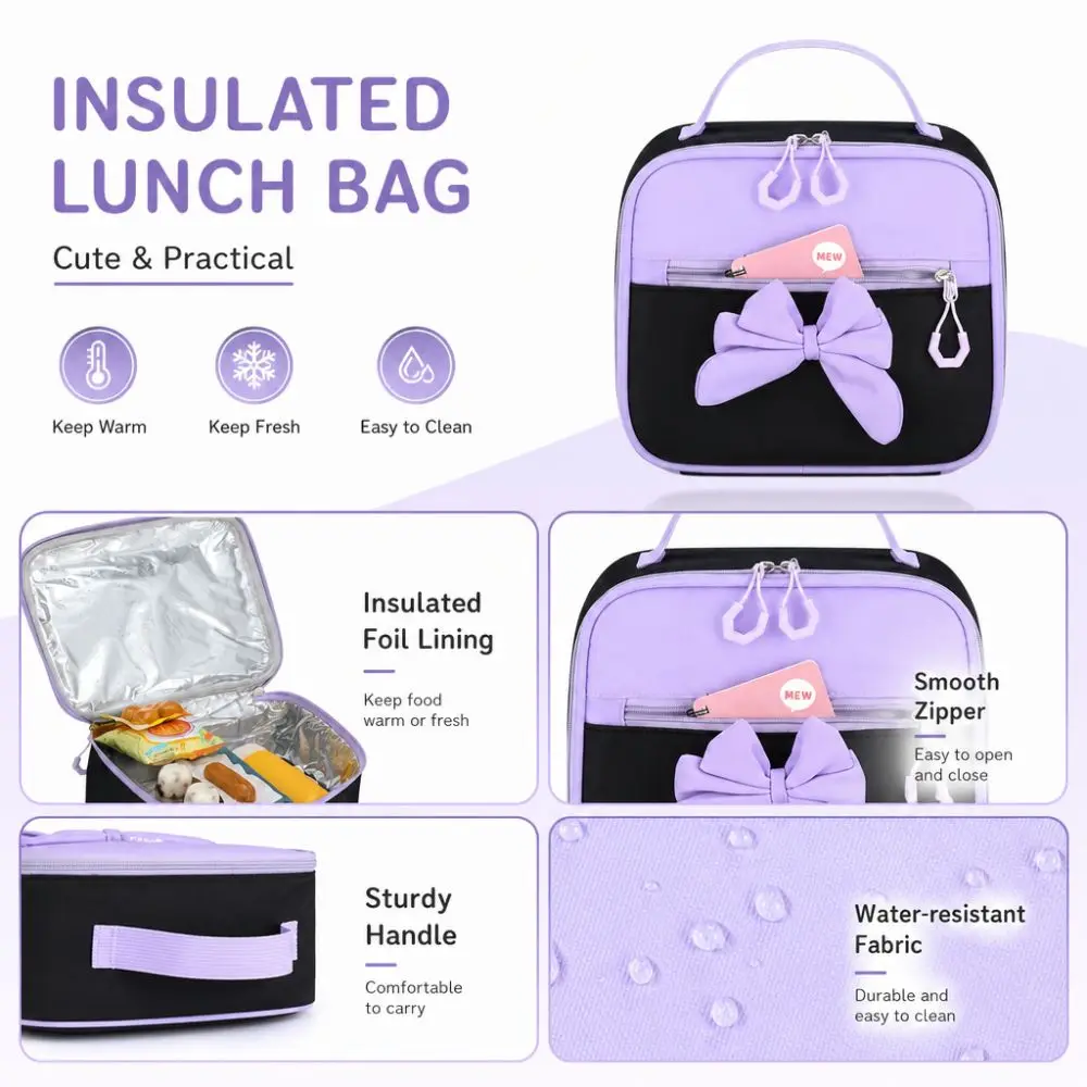 Juego de 3 Piezas de Mochila, Lonchera y Estuche de Lápices con Diseño de Dibujos Animados, Tela Oxford Impermeable, Mochila Escolar con Lazo, Ligera y de Gran Capacidad