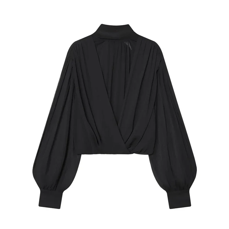 

Women's New High-Quality Fashion Black Bow Tie Neck Blouse Sheer Puff Sleeve Cropped Chiffon Top for Party Office