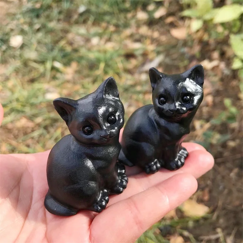 Natural Black Obsidian Cartoon Cat Carving Quartz Healing Crystal Stone Cute Birthday Present Home Decoration 1PCS