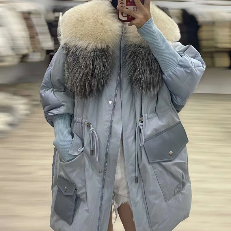 

2023 Fashion Winter Jacket Women Coat White Goose Down Warm Loose Real Natural Fox Fur Collar Luxury Outerwear Streetwear