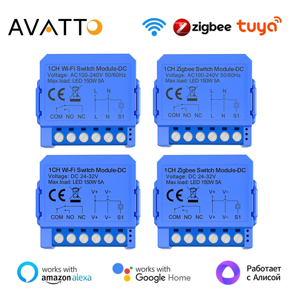 

AVATTO Tuya WiFi/ZigBee Smart Switch Module DC 24-32V/AC 100-240V Dry Contact Universal Breaker Relay Support Alexa Google Home