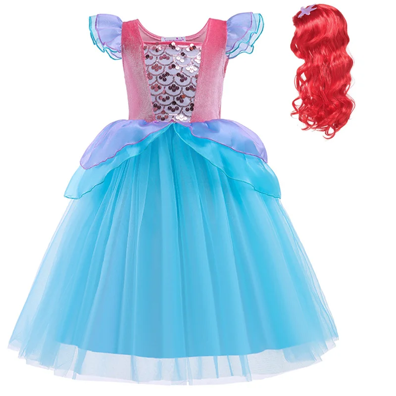 

Kids Mermaid Mardi Gras Cosplay Costume Sequins Mesh Princess Dress With Red Wig For Girls Carnival Birthday Halloween Outfit