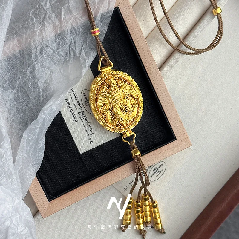 Openable Sachet Pendant Modern Chinese Style Flying Phoenix Adjustable Chain for Women Gold Plated Brass Necklace Cultural Gift