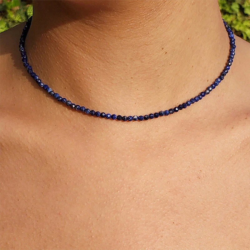 

New Natural Lapis Lazuli Simple Choker Necklaces Fashionable Women Beaded Collar Necklace Designer Jewelry Bijoux