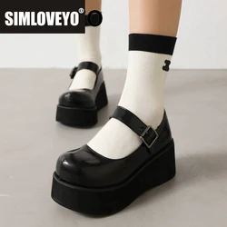 SIMLOVEYO Women Mary Pumps Round Toe Wedges Heel 6cm Platform 4cm Buckle Strap Concise Lady Shoes Large Size 46 47 48