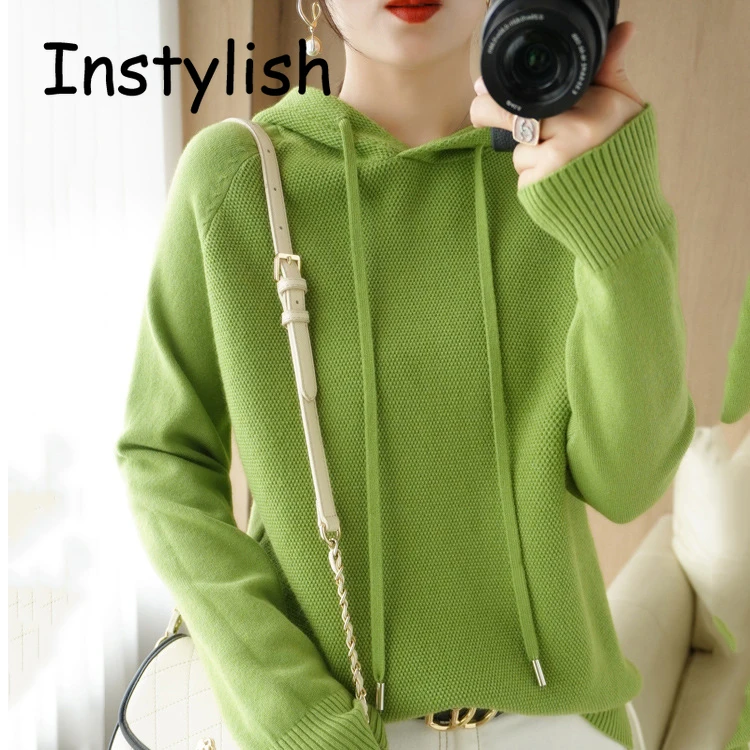 Frauen Herbst Winter Mit Kapuze Pullover Elegante Weiche Warme Gestrickte Hoodies Vintage Harajuku Feste Strick Pullover Jumper Casual Top