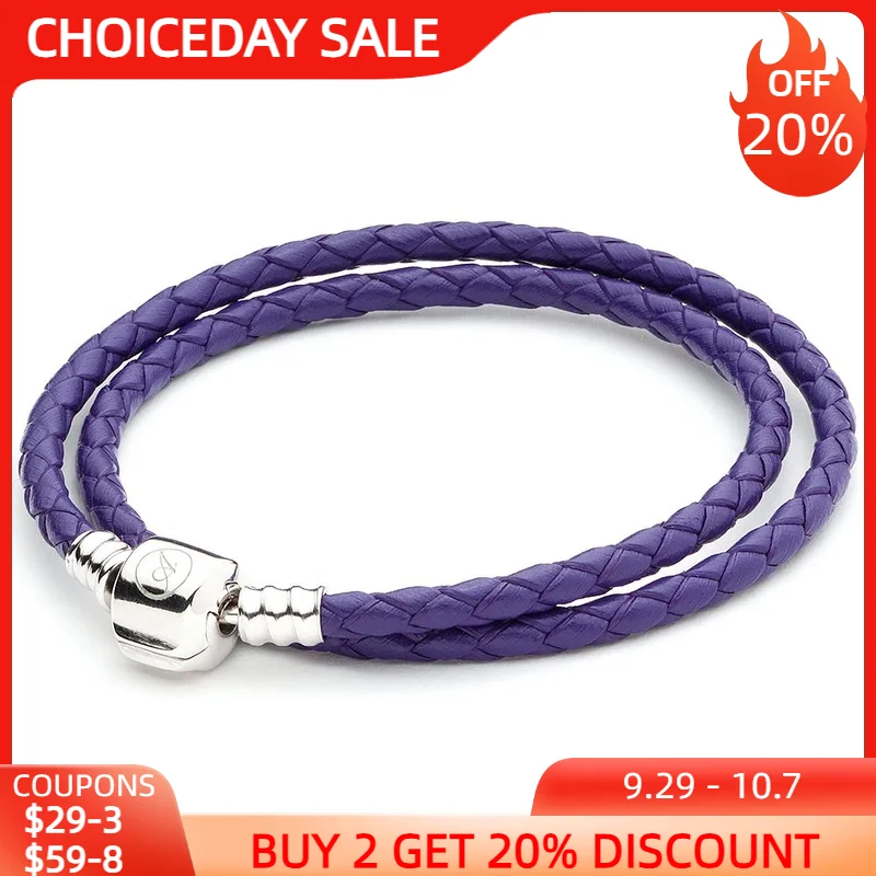 

ATHENAIE Purple Double Braided Leather Bracelet 925 Sterling Silver Snap Clasp Bracelet Size 13.39inch Fit European Charms Bead