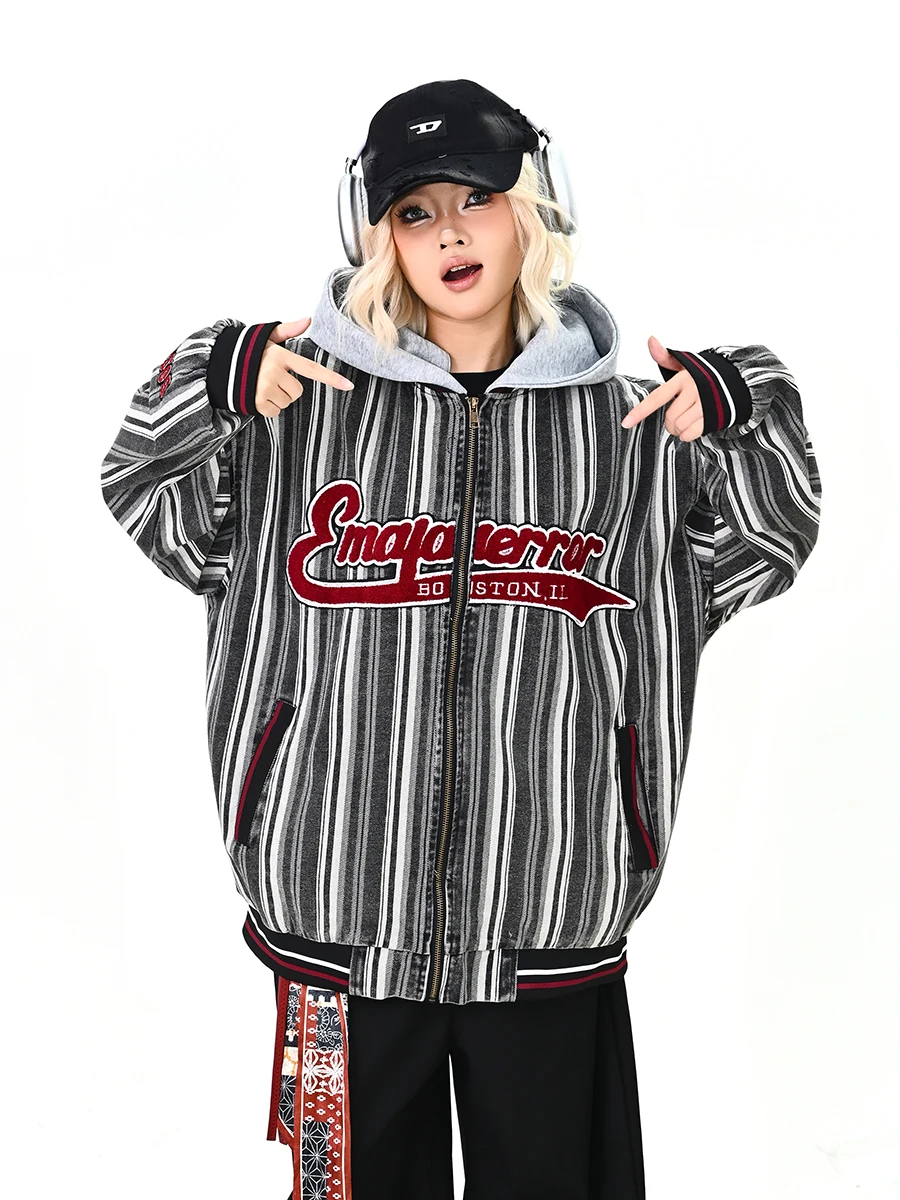 

Женская свободная куртка с отстегивающимся капюшоном на молнии в полоску, в американском университетском стиле, весна 2026, уличная мода