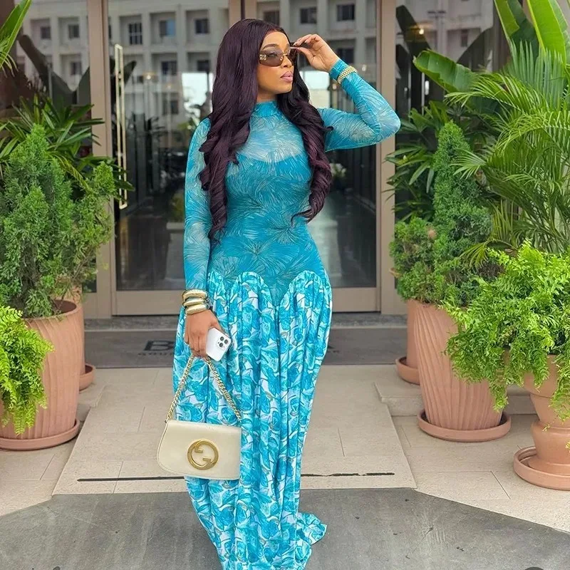 

Women's Floral Print Turtleneck Long Sleeve A-Line Long Dress, Gauze Spliced, Slight Perspective