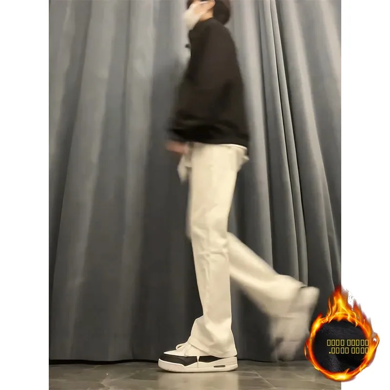 

American Vibe Thickened Fleece Lined White Jeans Men's Autumn Winter Straight Leg High Street Flared Jeans Cleanfit