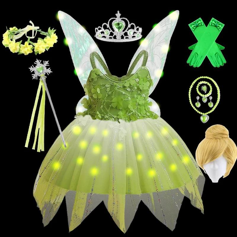 Tinkerbell Dresses LED Light Up for Girls Costume Kids Fairy Cosplay Flower Fairy Princess Clothes Christmas Party Outfit