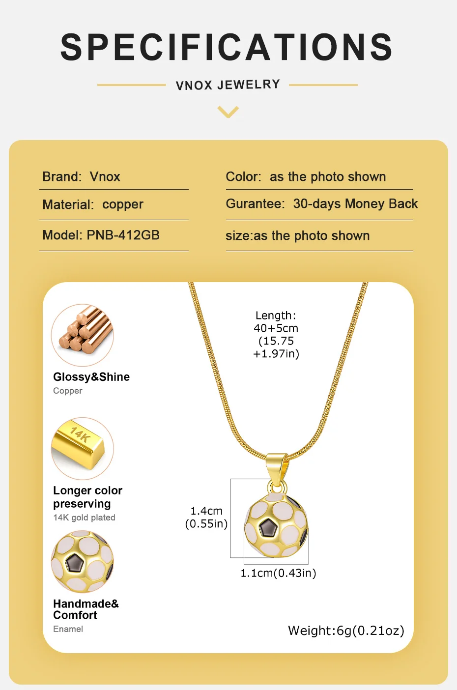 Vnox Vergoldete Herz-Fußball-Anhänger-Halskette für Frauen, Trendiger Bunter Emaille-Sportanhänger, Geschenke für Fußballfans, Schmuck – Detail 10