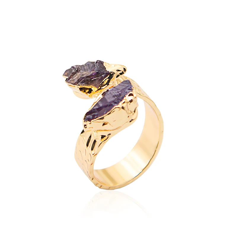Irregular Natural Raw Amethyst Open Ring for Women Girls Gold-color Boho Purple Reiki Crystal Finger Jewelry Resizable