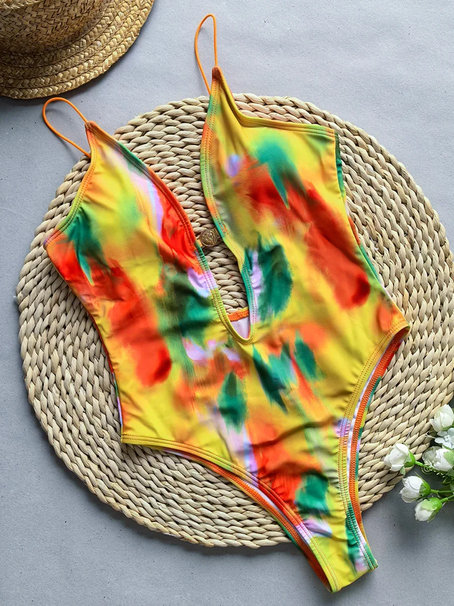 Tie Dye Deep V Neck Hollow Out One Piece Swimsuit Women Swimwear Female Backless Monokini High Cut Bather Bathing Suit Swim Lady