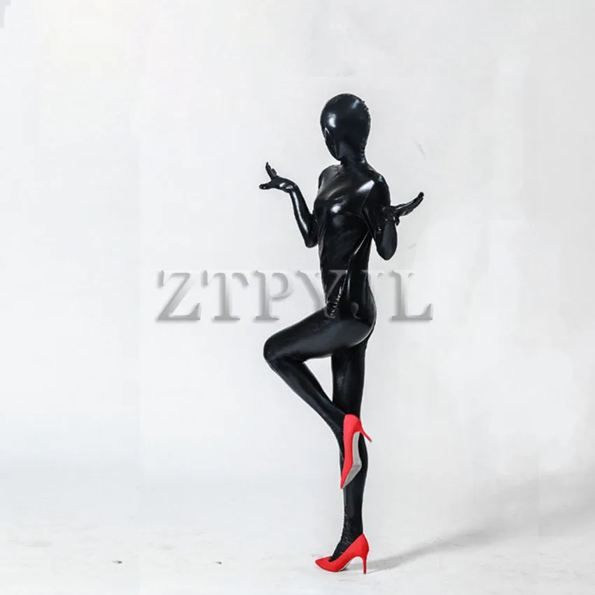 Full Cover Rubber Catsuit Jumpsuit With Hood And Toes Tow Way Zip Bodysuit Custom Halloween Plus Size S-2XL Black Color