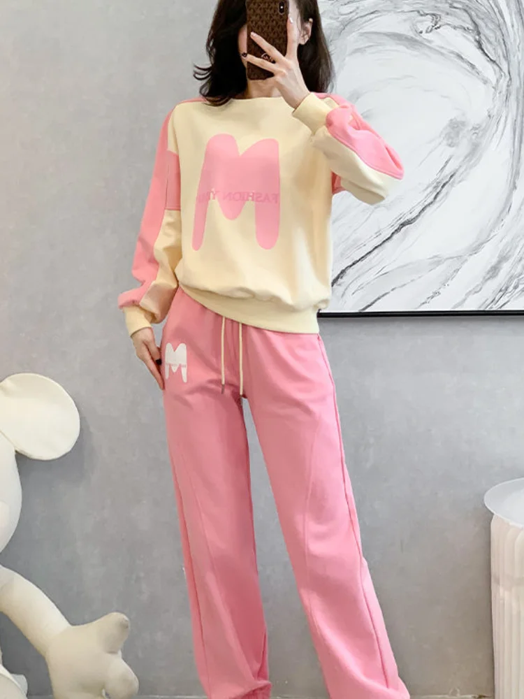 Spring Autumn Ladies Trouser Pink Sweatshirt Women's Pants Two Piece Set Printing Sport Draw String Tracksuit Casual Elegant Xxl